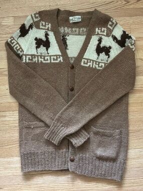Vintage Llama motif cardigan Fotrama 100% Alpaca wool Medium
